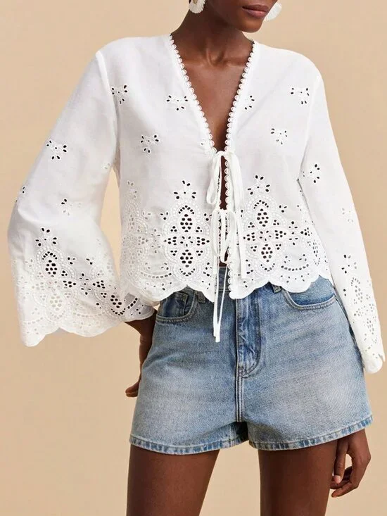 White Casual Women's V Neck Flare Sleeves Blouse - Picture 9 of 10